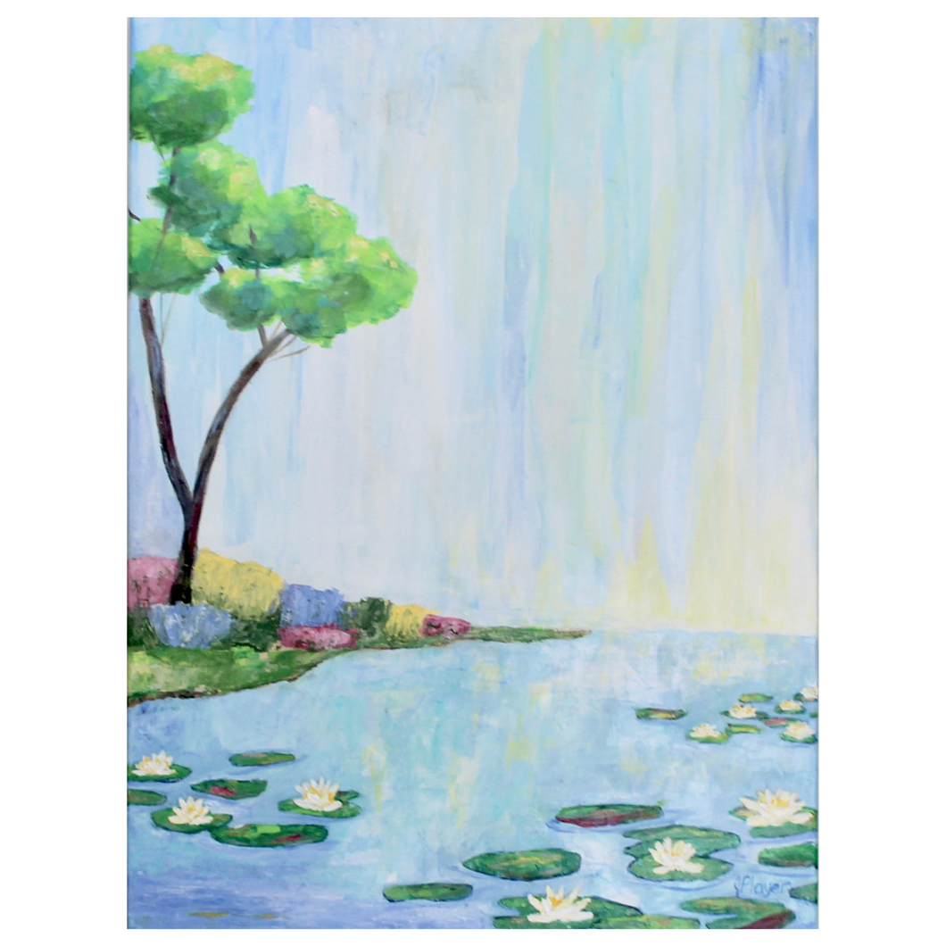 Summer Landscape is an abstract landscape painting featuring a garden pond with water lilies in bloom. There is a colorful garden on the right with a single tree. The sky has shades of blue, teal, yellow and white. This is a vertical painting.