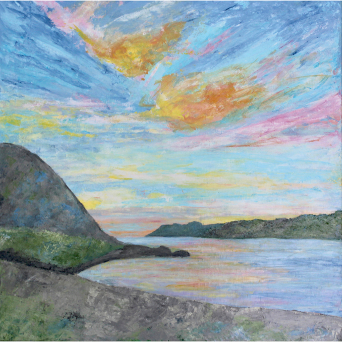 Sunset Bay is an abstract coastal painting of Larsen Bay in Alaska. It has a masculine feel with shades of gray, green, blue, yellow, pink, white and orange. It is a square painting