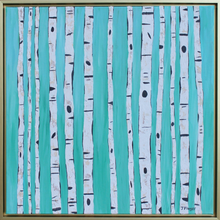 Load image into Gallery viewer, Teal Birches is a modern and abstract mixed media piece on canvas. This square painting has a gold float frame. The birch trees are large and vertical. They have shades of white, tan, gray and black with lots of texture. They are on a teal background.
