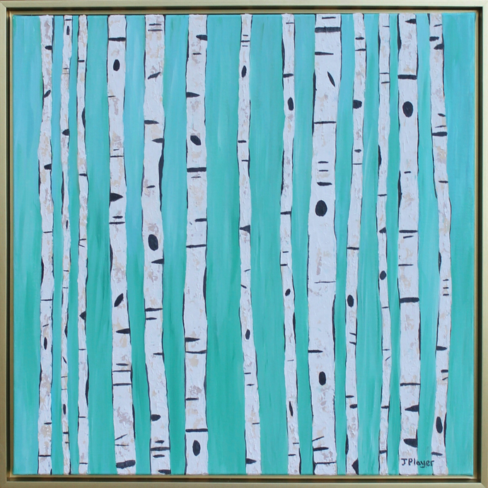 Teal Birches is a modern and abstract mixed media piece on canvas. This square painting has a gold float frame. The birch trees are large and vertical. They have shades of white, tan, gray and black with lots of texture. They are on a teal background.