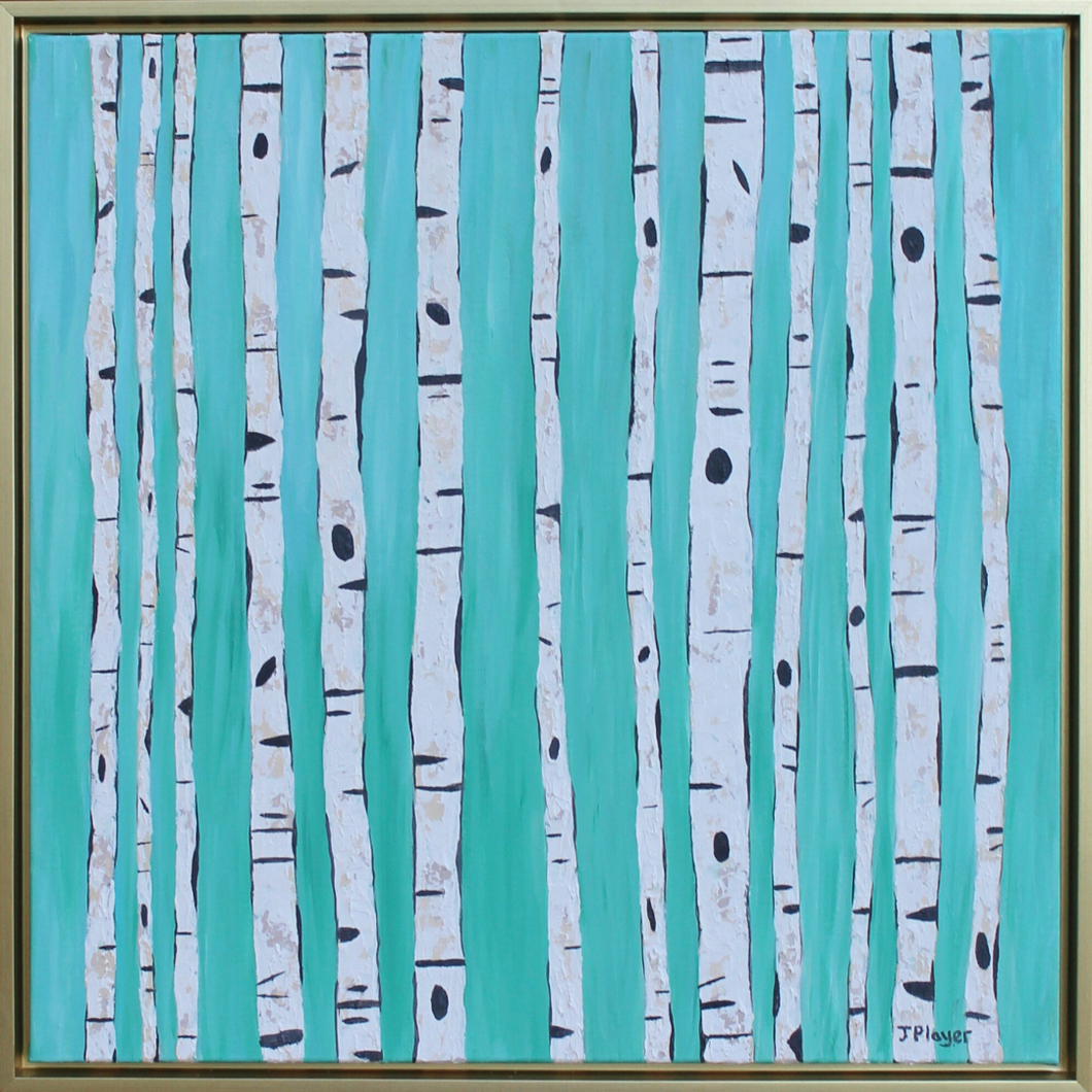 Teal Birches is a modern and abstract mixed media piece on canvas. This square painting has a gold float frame. The birch trees are large and vertical. They have shades of white, tan, gray and black with lots of texture. They are on a teal background.