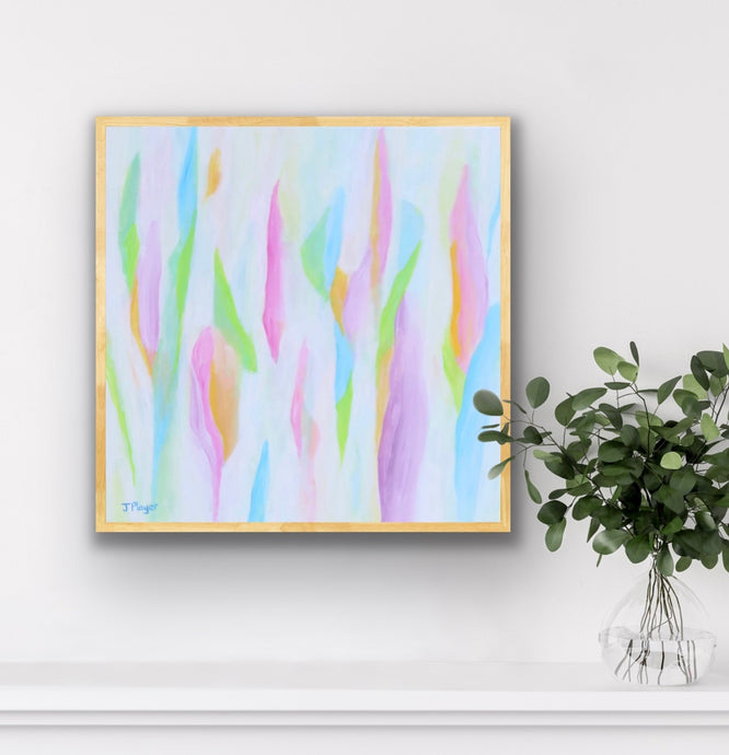 Bright and happy abstract giclée art print titled 'The Colors of Summer' featuring vibrant brushstrokes in pink, yellow, blue, green, and white. A modern, square print signed by artist Jeanne Player, perfect for dorm rooms, nurseries, bedrooms, or colorful gallery walls.