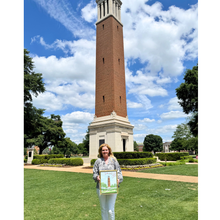 Load image into Gallery viewer, Officially licensed Alabama wall art of Denny Chimes hand painted by Jeanne Player on an 11x14 canvas with soft blue skies, spring blossoms, and classic Crimson Tide campus charm.
