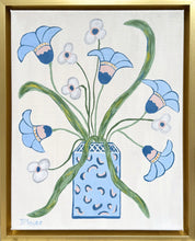 Load image into Gallery viewer, Small framed floral artwork featuring blue blooms and green stems in decorative vase on white background
