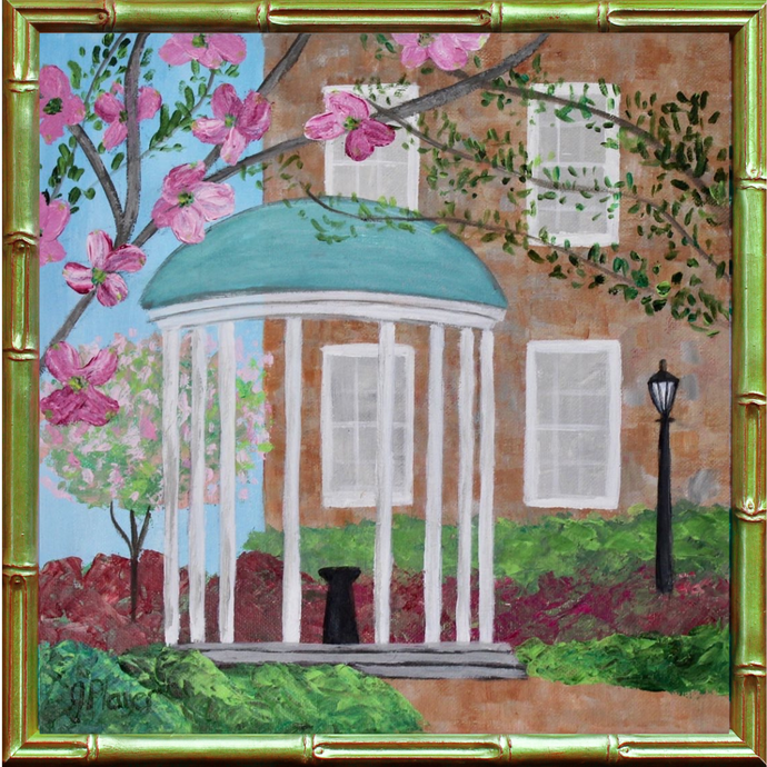 A square art print of the UNC Old Well at the Unversity of North Carolina. This is a reproduction of an original artwork. It is a colorful abstract landscape featuring the old well with colorful flowers and trees. It is square and has an optional gold bamboo frame. Would be a great graduation or alumni gift.