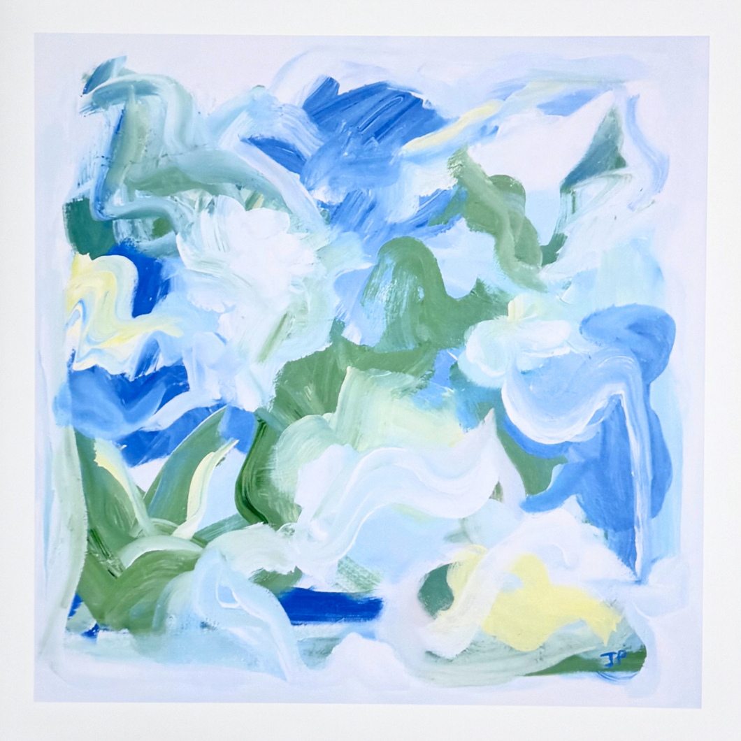 Square coastal abstract art print with blue, green, white, and yellow tones on paper, titled Water’s Edge. Unframed giclée print perfect for coastal and beach inspired interiors.  Available in multiple sizes.