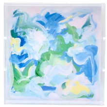 Load image into Gallery viewer, Colorful coastal abstract acrylic tray. This square tray has handles and is made of clear acrylic. The abstract design insert has shades of blue, green, yellow and white.
