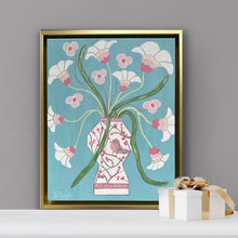 Load image into Gallery viewer, Framed whimsical flower painting with pink and white blooms on blue background
