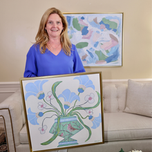 Load image into Gallery viewer, Coastal inspired floral painting with oversized flowers in shades of blue, chartreuse, gold, pink, green and brown.
