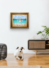 Load image into Gallery viewer, Framed original beach painting inspired by joyful family vacations with whimsical coastal imagery and vibrant tropical colors with sailboats and beach umbrellas.
