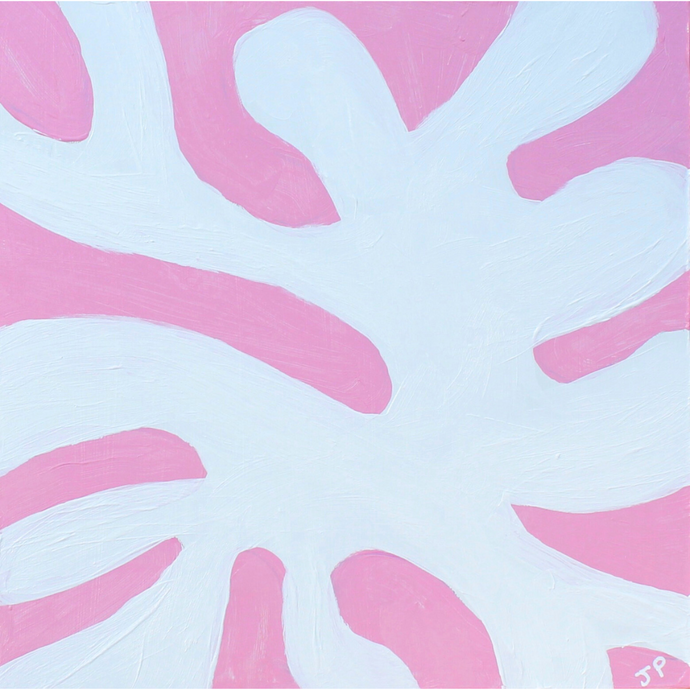 White Coral on Pink is a bold and preppy artwork. It is square. It has a matisse style cut out that is white and goes to the edges on a pink background. 