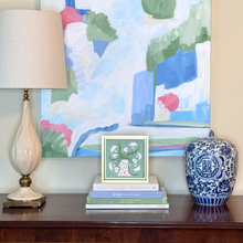 Load image into Gallery viewer, Small colorful still life painting with pink animal print vase and white flowers

