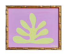 Load image into Gallery viewer, This is a bold and preppy seaweed art design on a canvas. This painting has a yellow seaweed shape on a pink background. This is a horizontal painting in a gold bamboo frame.
