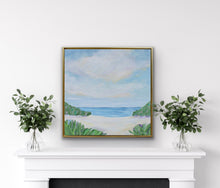 Load image into Gallery viewer, Blue and white original coastal wall art with soft tan accents and painterly layers inspired by the ocean.
