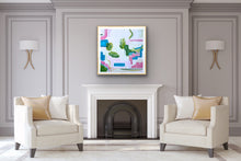 Load image into Gallery viewer, Vibrant abstract beach artwork inspired by tropical vacations with blue, pink, green, and tan tones.
