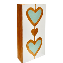 Load image into Gallery viewer, Colorful original heart painting for feminine interiors and grandmillennial home decor collections.
Hand-painted modern heart art on wood panel featuring playful gold and mint green abstract hearts.
