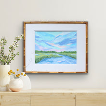 Load image into Gallery viewer, Dreamy coastal marsh painting with abstract brushwork and calming pastel hues in a white mat.
