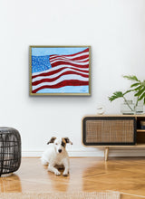 Load image into Gallery viewer, Abstract American flag artwork in navy blue, crimson red, warm white, and tan for modern farmhouse, traditional, or Americana home décor.
