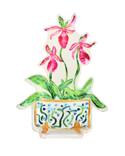 Load image into Gallery viewer, Modern acrylic shelf sitter with ladyslipper floral art in soft pink and green tones for sophisticated décor.
