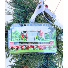 Load image into Gallery viewer, Alabama Crimson Tide football ornament with colorful Saban Field at Bryant-Denny Stadium art on clear acrylic with satin ribbon.
