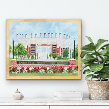 Load image into Gallery viewer, University of Alabama football art print featuring Saban Field at Bryant-Denny Stadium, a colorful graduation gift for Bama students and alumni.
