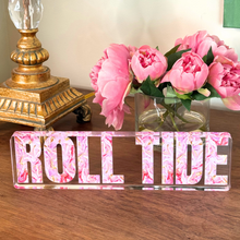 Load image into Gallery viewer, Feminine Alabama Roll Tide acrylic décor piece with pink, blush, rose, red, white and gold artwork for alabama fans, students, and alumni.
