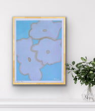Load image into Gallery viewer, Anemone abstract floral giclée print featuring oversized white flowers on a sky blue background in a gold frame.
