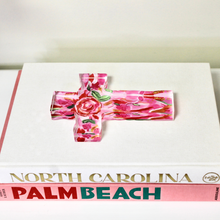 Load image into Gallery viewer, pink Christian floral cross decor in a freestanding acrylic block, suitable for a prayer space, bedroom or bookcase. Gift idea for Christian girls.
