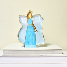 Load image into Gallery viewer, Blue and gold angel shelf sitter art featuring dimensional acrylic construction and double-sided angel artwork for tabletop decor.
