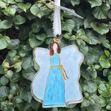 Load image into Gallery viewer, Blue angel ornament with brown hair featuring soft blue, white, and gold tones designed for Christian Christmas tree decor.
