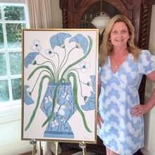 Load image into Gallery viewer, Elegant floral artwork featuring a hand-painted blue chinoiserie vase with cherry blossom branches and butterflies in a refined coastal interior style.
