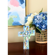 Load image into Gallery viewer, Blue floral cross acrylic block gift featuring contemporary Christian artwork with painterly abstract details and gold accents.
