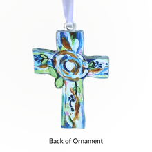 Load image into Gallery viewer, Colorful Christian cross ornament with blue green floral design and gold accents for Christmas
