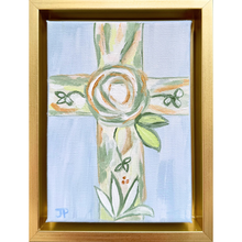 Load image into Gallery viewer, Original blue and green floral Christian cross painting on 5 x 7 canvas in gold float frame
