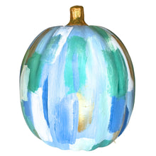 Load image into Gallery viewer, Blue green gold confetti pumpkin hand-painted for colorful coastal fall decor
