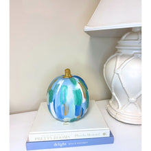 Load image into Gallery viewer, Close-up of blue green gold confetti pattern on hand-painted fall pumpkin
