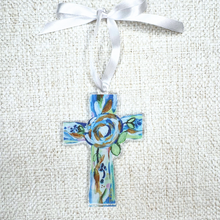 Load image into Gallery viewer, Blue and green Hope Cross ornament with colorful floral artwork and white satin ribbon.

