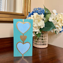 Load image into Gallery viewer, Vertical blue and turquoise heart artwork perfect for shelf styling 
