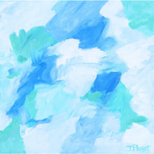 Load image into Gallery viewer, Close-up of Blue Lagoon showing layered blue, green, and white acrylic brushwork and movement in the abstract design
