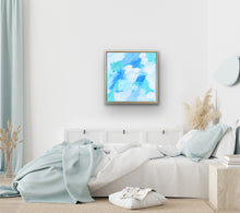 Load image into Gallery viewer, Blue Lagoon original abstract painting in a gold frame styled as calming blue and green wall art for a bedroom
