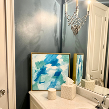 Load image into Gallery viewer, Blue Lagoon original abstract painting in a gold frame styled as calming blue and green wall art for a bedroom
