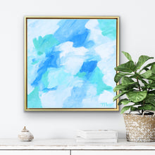 Load image into Gallery viewer, Blue Lagoon original abstract painting by Jeanne Player, featuring blue, green, and white acrylic on canvas in a gold float frame
