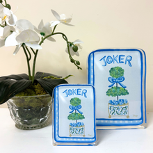 Load image into Gallery viewer, Blue mahjong Joker acrylic block with striped border and gold accents
