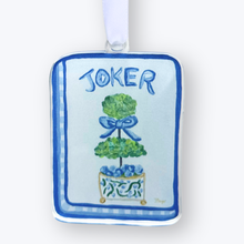 Load image into Gallery viewer, Blue mahjong Joker acrylic ornament featuring double topiary, blue bow, and gold trimmed planter

