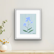 Load image into Gallery viewer, Blue and purple iris art print featuring a botanical flower silhouette with green stem on a soft light green background.
