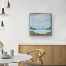 Load image into Gallery viewer, Original blue and white coastal painting by Jeanne Player paired with modern beach house decor.
