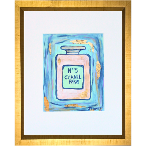 This is an abstract blue and pink chanel perfume bottle art. It has shades of blue, green, navy, pink with gold leaf.  It is an original vertical painting in a white mat with an optional gold frame.