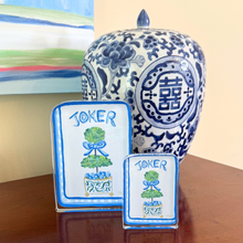 Load image into Gallery viewer, Blue mahjong acrylic block with double green topiary, blue bow, and gold details
