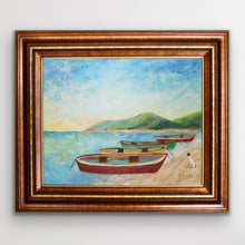 Load image into Gallery viewer, Coastal seascape artwork gift for boat lovers featuring four colorful rowboats docked beside a tropical island shoreline.
