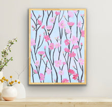 Load image into Gallery viewer, Abstract cherry blossom giclée art print featuring expressive pink flowers with blue, green, yellow, and white painterly brushstrokes.
